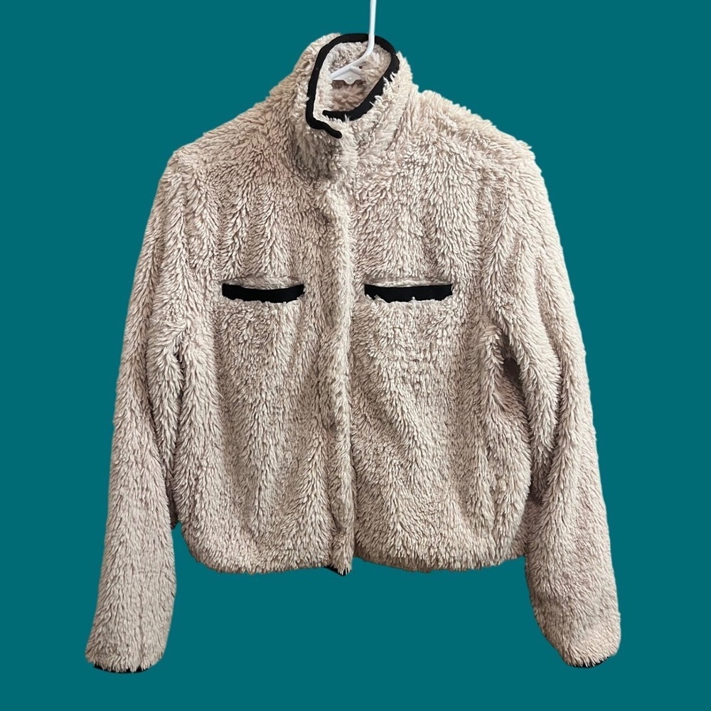 Thread & Supply Fleece Jacket Womens Small Creme Black Teddy Sherpa Zip JKX6210